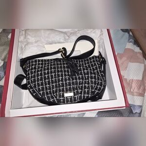 Hammitt Black & White Tweed Saddle Crossbody with Gold Hardware